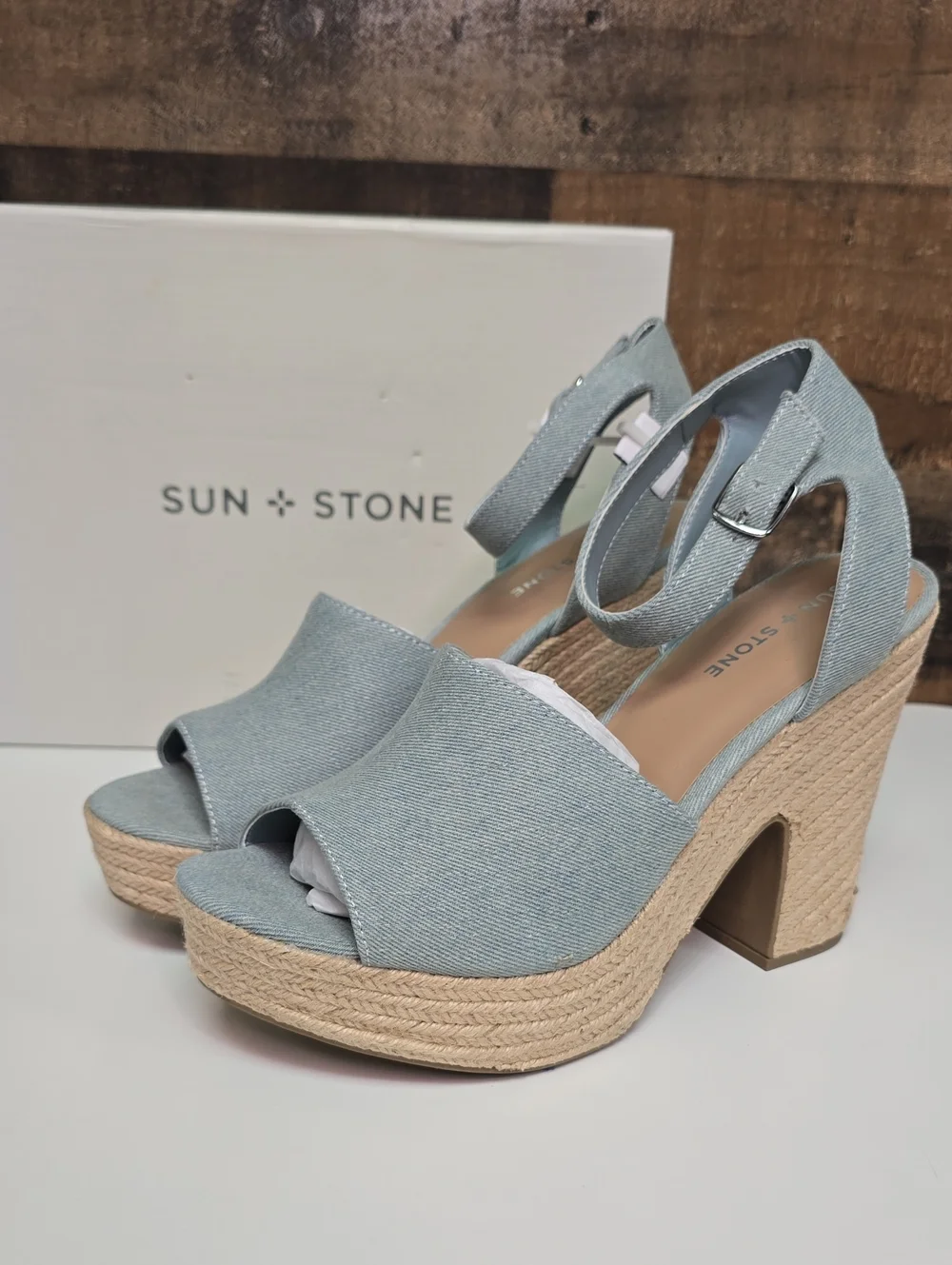 Sun + Stone Light Blue Denim Platform Espadrille Sandals